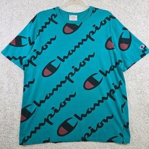 Champion Heritage AOP Logo Print Teal Graphic T-Shirt Crew Neck‎ Men Large